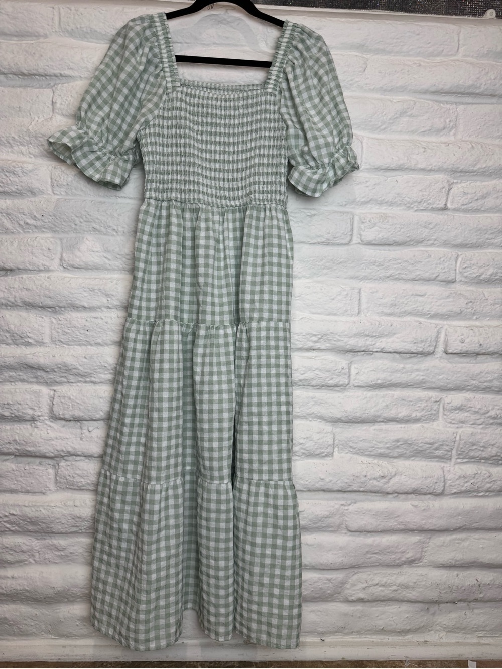 Gingham Smocked Maxi Dress in Sage Green